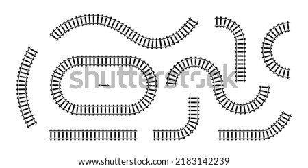 Vector illustration of curved railroad isolated on white background. Straight and curved railway train track icon set. Top view railroad train pathes. 