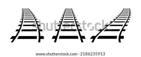 Vector illustration of curved railroad isolated on white background. Straight and curved railway train track icon set. Perspective view railroad train pathes. 
