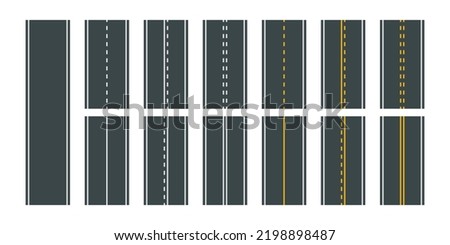 Vector illustration of white and yellow road markings isolated on white background. Set of seamless asphalt road types in top view. Collection of empty horizontal straight highways.