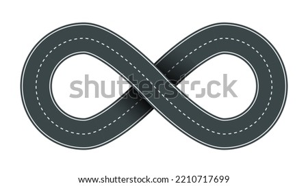 Vector illustration of infinity shaped road with white markings isolated on white background. Empty road infinity icon in top view. Endless road template.
