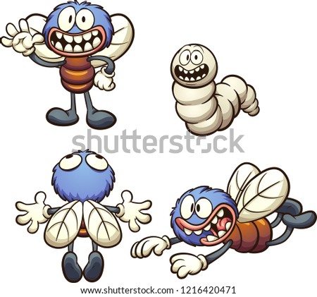 Cartoon fly in different poses.  Vector clip art illustration with simple gradients. Each on a separate layer. 
