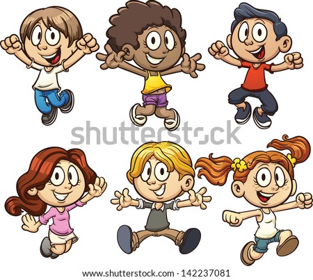 Excited cartoon kids jumping. Vector clip art illustration with simple gradients. Each on a separate layer.