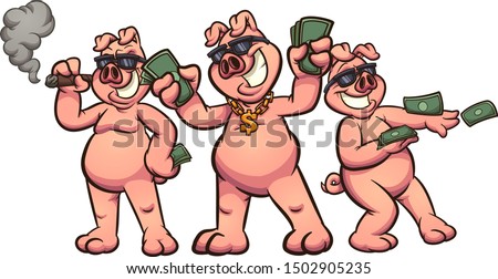 Rich cartoon pigs showing off money clip art. Vector illustration with simple gradients.Each on a separate layer. 
