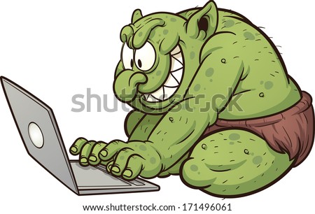 Fat internet troll using a laptop. Vector clip art illustration with simple gradients. All in a single layer.