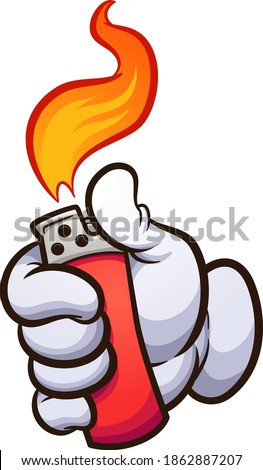 Cartoon hand glove lighting a lighter. Vector clip art illustration with simple gradients. All on a single layer. 
