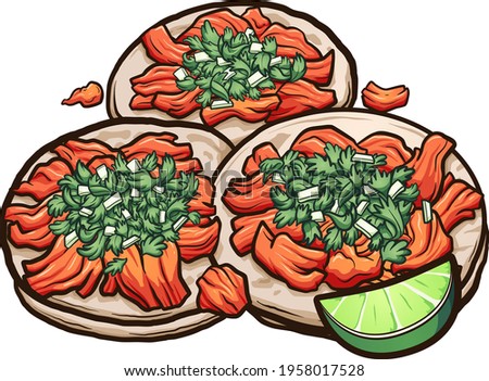 Mexican cartoon tacos al pastor with onions and cilantro. Vector clip art illustration with simple gradients. All on a single layer.
