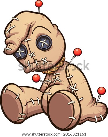 Sad sitting voodoo doll with pins. Vector clip art illustration with simple gradients. All on a single layer. 
