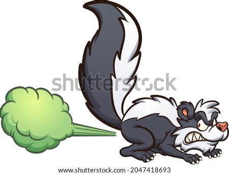 Angry cartoon skunk spraying toxic fumes. Vector clip art illustration with simple gradients. Skunk and cloud on separate layers.
