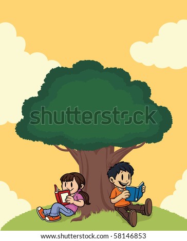 Kids Reading Books Under A Tree. All Elements On Separate Layers For ...