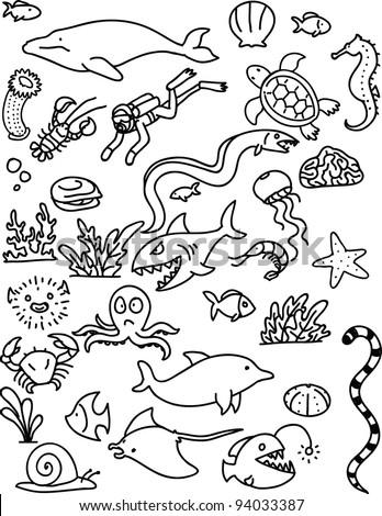 Sea Creature Doodle Background. Vector Illustration. Each Element In A ...