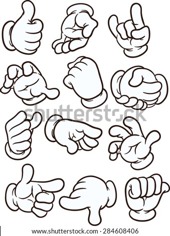 Cartoon hands making different gestures. Vector clip art illustration with simple gradients. Each on a separate layer