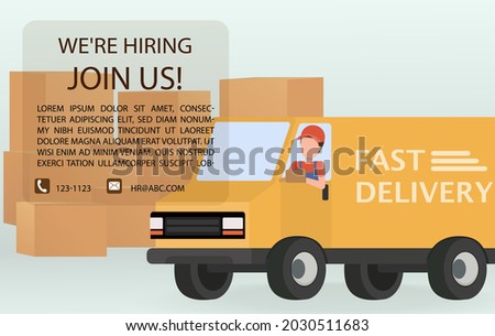 Hiring a delivery driver behind the parcel box many sizes. Employee recruitment announcement.