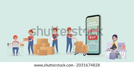 Delivery staff prepare products for customers with smiling faces. Woman shopping online and having products delivered to her home.