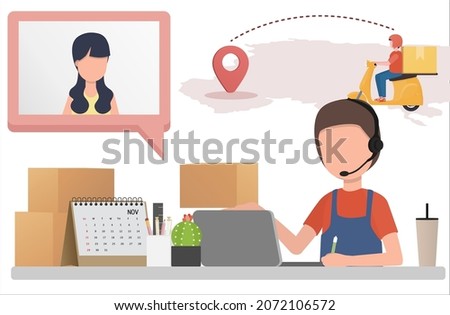 Call center staff contact customers to inform the delivery process. Customers can track delivery people online. EPS10 Vector Illustration.