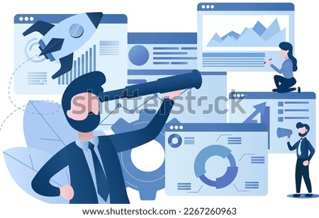 The concept of strategic vision and foresight is essential to making informed decisions. Businessman looking through binoculars through multiple windows collecting information about business.