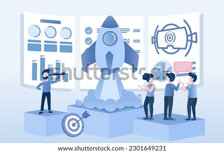 Teamwork concept. Business people work together to plan, organize, analyze data to start a business. Brainstorm ideas, discuss strategy, share, improve and develop business. Vector illustration.