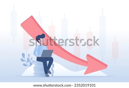 Financial business and analysis of investor decreasing expenses concept. Bankruptcy, cost decline reduction, decreasing arrow. Flat vector design illustration with copy space.