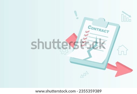 Stock market crash and cancellation contract concept. Bankruptcy, negotiation problem, market crash, debt, disagreement. Tearing up contract paper. Flat vector design illustration with copy space.