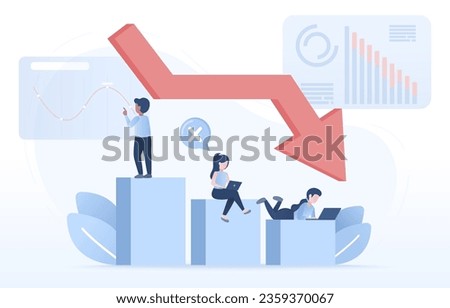 Financial business and stocks market crash concept. Analysis of investor or business people decreasing expenses, downward arrow, bankruptcy and falling down bar graph. Flat vector design illustration.