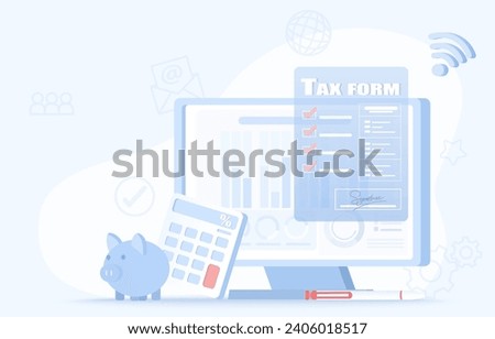 Online tax form concept. Financial accounting, income report, tax deduction, filling out tax forms, manage taxes. Flat vector design illustration.