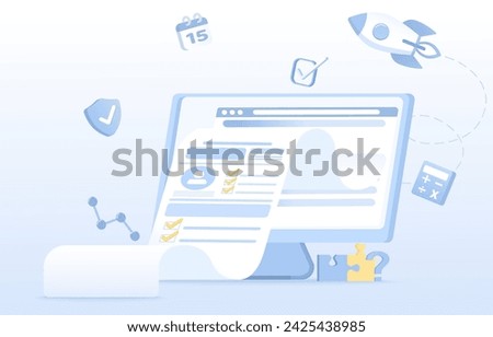 Online tax payment and checklist concept. Elements of income report, accounting, finance, income, tax deduction, return of the company's investment. Flat vector design illustration.