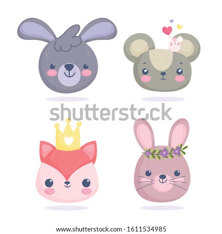 cute animals, little faces of mouses fox rabbits cartoon vector illustration