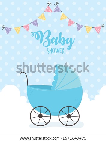 Baby shower concept, blue pram among clouds and pennants, dotted background.  Vector illustration.