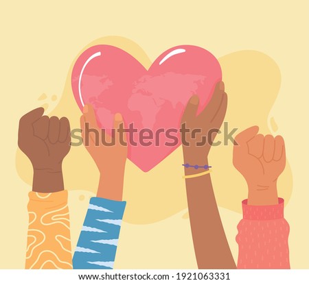 black lives, together diverse hands with world inside heart vector illustration