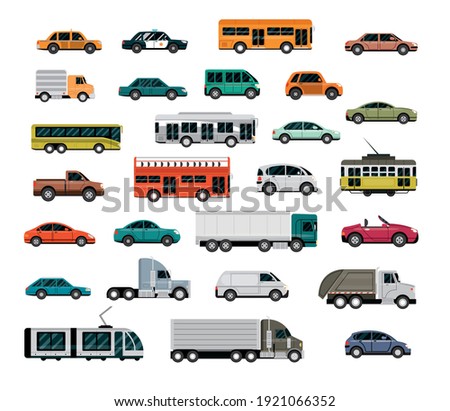 different vehicles, city transport, automobile service, side view cars vector illustration