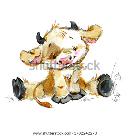 cute cartoon bull. funny cow watercolor illustration. farm animal.