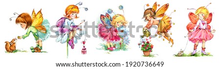 Cute Winged Fairies watercolor set. Fairy tale cartoon forest series