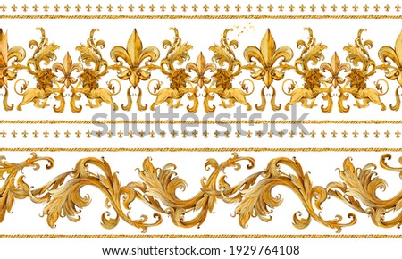 seamless pattern gold chains, damask curl and lions. luxury illu