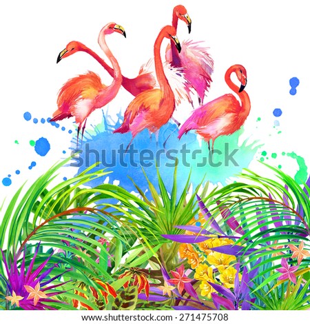 Tropical flowers, leaves and bird. watercolor summer nature background