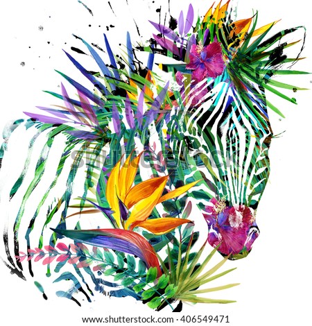 Zebra. Exotic tropical plant background. Watercolor illustration. Tropical nature