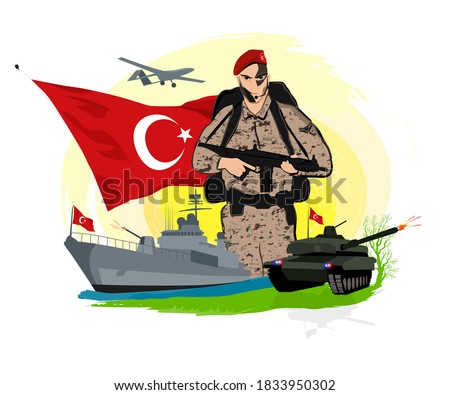 Turkish soldier. tank. battle ship. Big Turkish flag with moon and stars. commando. camouflage war plane. drone. sunrise. nature. weaponry. Stok fotoğraf © 