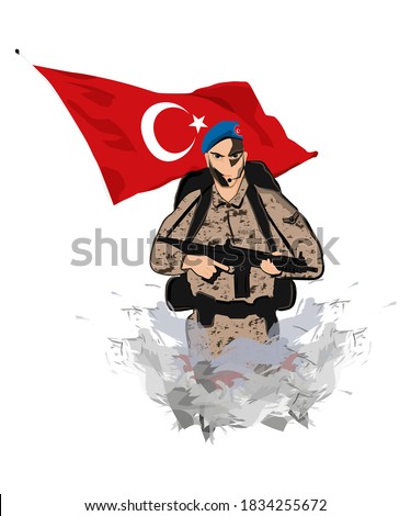 Illustration of an Turkish soldier and Turkish flag. Komando. Şanlı kahraman Türk askeri ve bayrağı