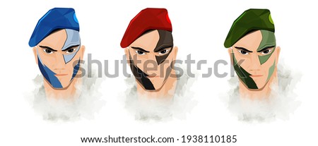 A illustration of air,sea,land and a commando soldier with camouflage pattern on his face and with red, green caps.