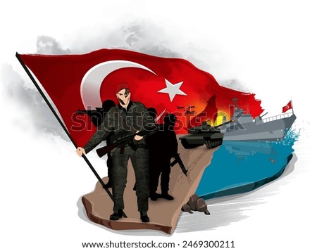 A soldier carrying a large Turkish flag, with a warship and tank forming the background. Drones, wolves, and silhouettes of soldiers are also present.