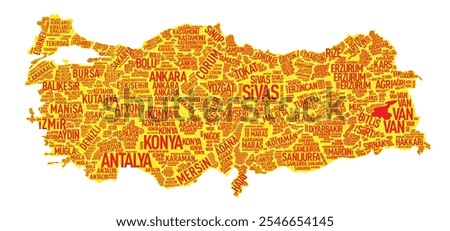 Map of Turkey created in the colors of Galatasaray Sports Club, yellow and red. City names are positioned according to their geographical locations, creating a vibrant and eye-catching design