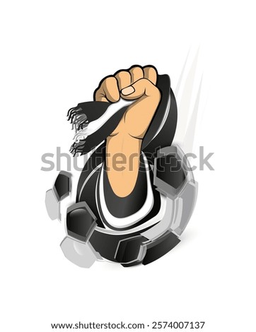 A powerful fist holding a black and white football scarf. The hexagonal patterns around the fist symbolize the energy and movement of football, creating a dynamic and impactful illustration