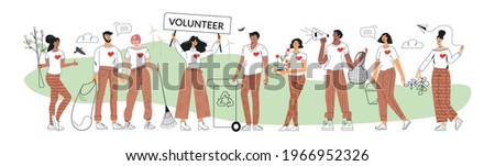 Eco volunteers and volunteering concept. Set of diverse characters save ecology environment. Group zero waste activists, think green, save the planet. Modern flat outline cartoon vector illustration