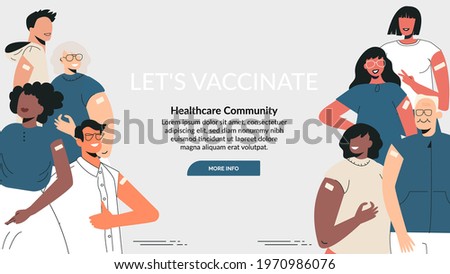 Diverse people after vaccine injection concept. Banner Let's Vaccinate, healthcare campaign. Vaccination landing page template. Multicultural team, unity in diversity. Flat vector cartoon illustration