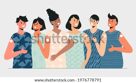 Diverse young people group after getting vaccine. Teens vaccination scene. Children vaccination for health immunity.  Multicultural kids flat vector cartoon illustration. Prevention and immunize