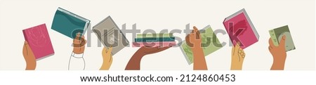 Set of hand giving book to exchange or sharing, bookcrossing isolated flat cartoon vector illustration. Student arm holding class textbook. Swap literature event, public library day, bookshop festival