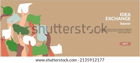 People's hands exchange ideas and holding speech bubble with eco green vote. Team cooperation and communicate banner template. Diversity multicultural group with message cartoon vector illustration