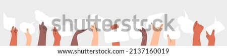 People's hands exchange ideas and holding speech bubble with vote and comment. Voters cooperation and communicate. Diversity multicultural group of citizen with message cartoon vector illustration