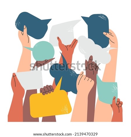 People's hands exchange ideas and holding speech bubble with vote and election. Team cooperation communicate collaborate. Diversity multicultural group with talk message cartoon vector illustration