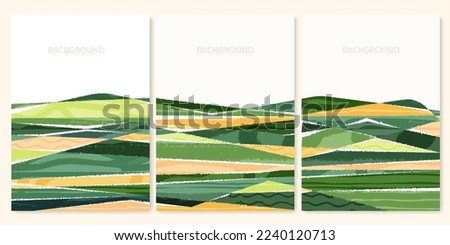 Abstract farm field collage background. Agro land backdrop, farmland landscape vector illustration with texture. Oriental decorative poster, eco design, green rural template, ecology art header