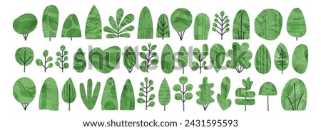 Green bush shrub tree forest simple vector illustration set. Abstract shrubbery plant for eco collage. Cute grove leaves foliage flat design element. Vegetation with watercolor texture for background