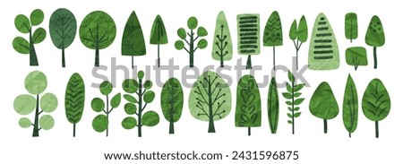 Green simple bush tree textured flat vector illustration. Set of garden green shrubbery plant isolated on white background. Naive eco element, foliage silhouette, stylized ecology decorative object